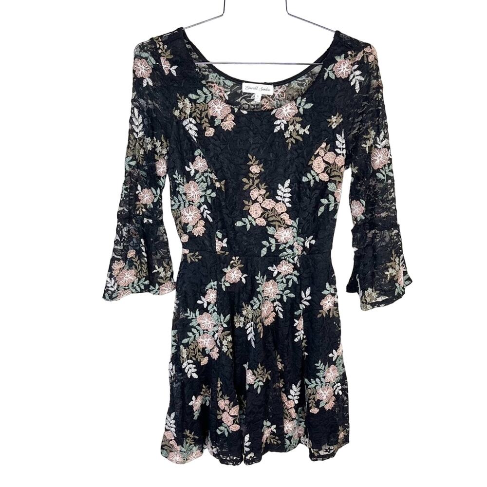 EMERALD SUNDAE | Black Floral Embroidered Flounce Sleeve Lace Mini Dress